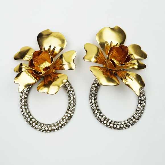 JCREW Vintage Flower and Crystal CLIP ON Door Knocker Earrings K7100 - Picture 2 of 4
